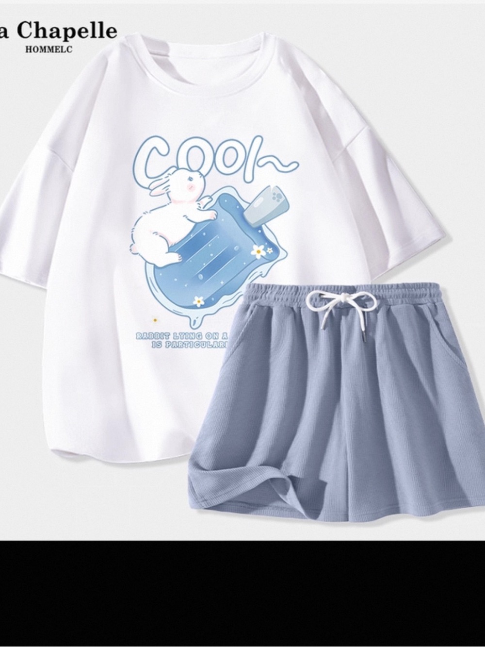 Kids White Bunny 'Cool' Tee and Light Blue Shorts Pajama Set